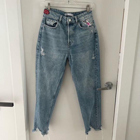 Upcycled ✨ Zara | High Rise Distressed Boyfriend Jeans w/ Patches | 6 - Picture 2 of 7